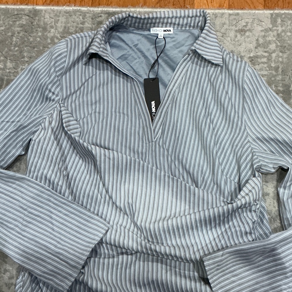 Fashion Nova Blue and White Striped V-Neck Dress